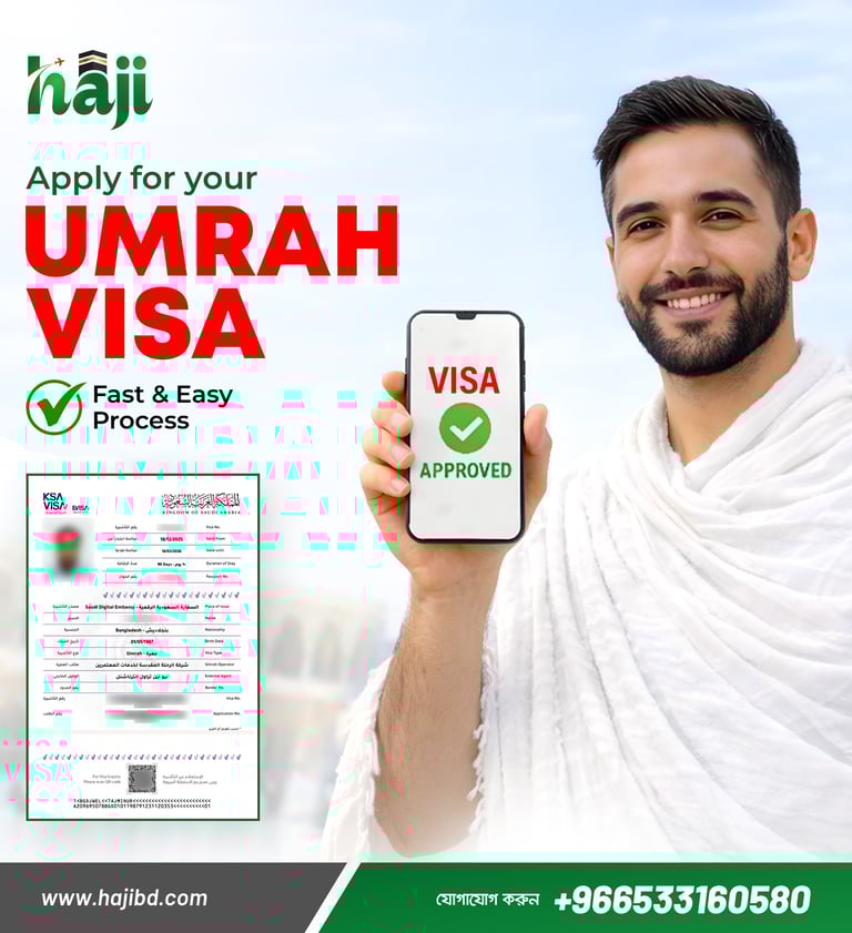 Smiling man in Ihram holding a smartphone showing an approved Umrah visa for Hajj and pilgrimage services.