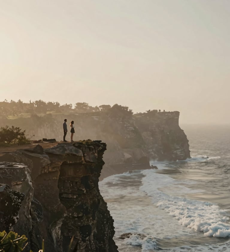 Wide shot of a couple standing on a rugged Uluwatu cliff edge, the Indian ocean crashing below, soft misty sunrise light, earthy #7B6654 tones, serene and elegant composition reflecting minimalist beauty.