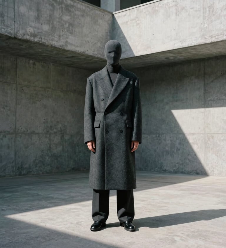 A figure in a structured, charcoal-colored architectural coat standing in a brutalist courtyard with sharp shadows and soft gray concrete walls. Global / Contemporary Art context, editorial style.