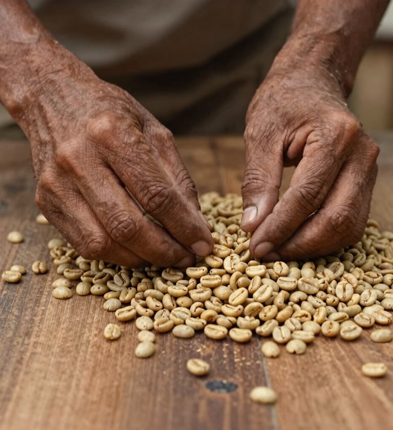 Close-up of weathered hands carefully sorting dried coffee beans on a wooden surface, South American / Latin setting, earthy tones of tan and brown, soft overhead lighting.
