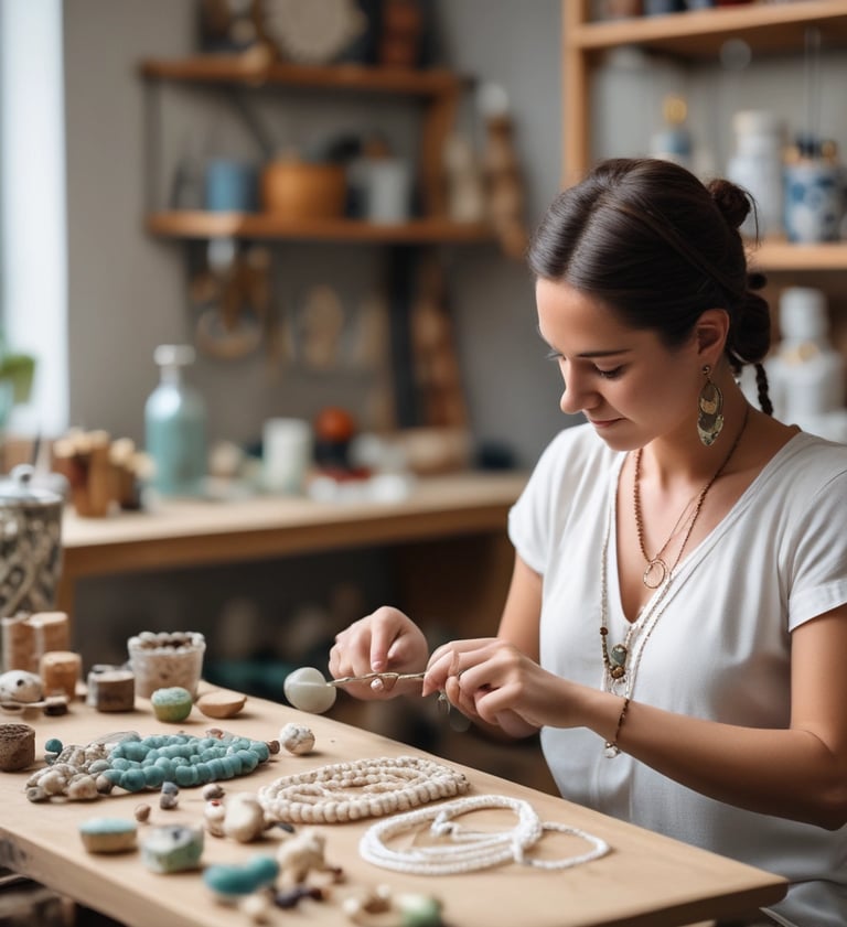 mujer creando joyeria de piedra natural y macrame en taller artesanal