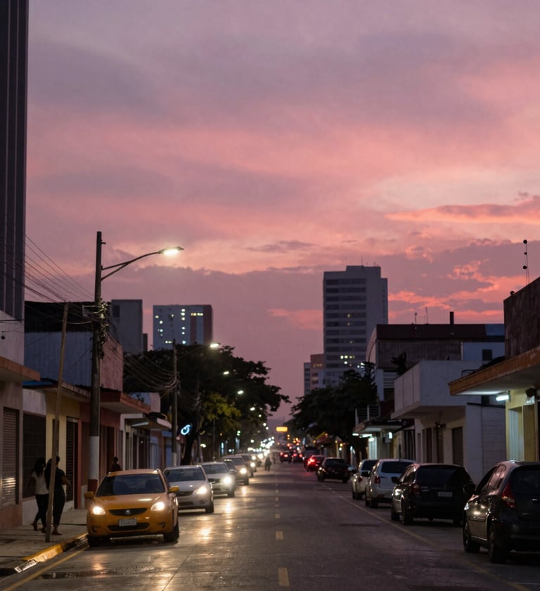 An artistic wide shot of an urban street in Maracay, Venezuela at dusk, captured with a cinematic lens, featuring blurred city lights in salmon pink and rose against a dark sky.