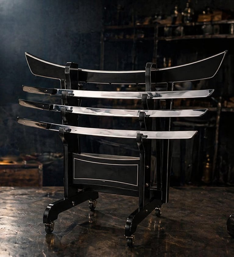 A tiered wooden stand displaying three sharp katana swords in a dark, traditional Japanese forge workshop.