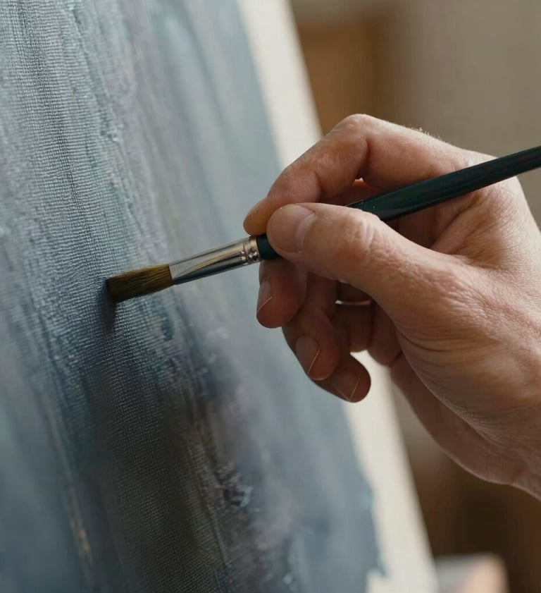 An extreme close-up of a painter's hand holding a fine brush, delicately touching a canvas. The lighting is soft and warm, highlighting the texture of the skin and the woven canvas. Shadows are deep using #1A1A1A, with hints of #6B705C on the brush handle.