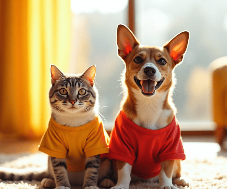 Un gato adorable y un perro Corgi que llevan camisetas coloridas, sentados sobre una alfombra en una