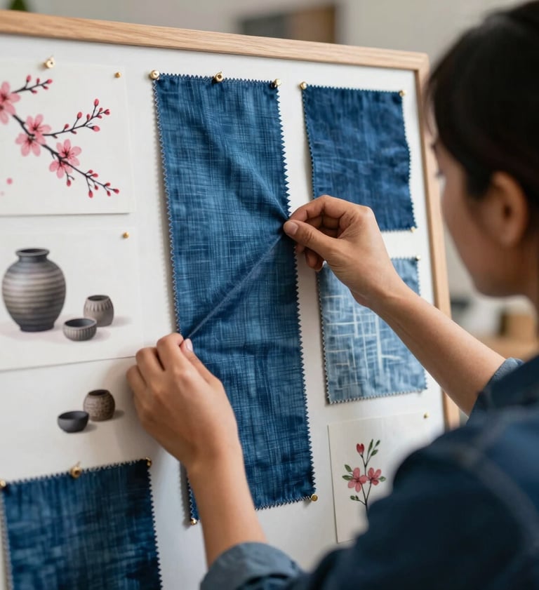 A cinematic over-the-shoulder shot of a designer working in an East Asian / South Asian influenced for a global luxury audience studio, pinning indigo blue fabric swatches onto a mood board that features cherry blossom sketches and wabi-sabi references.