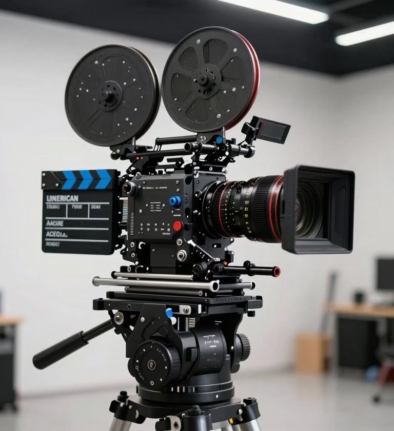 Close-up of a high-end cinema camera rig on a dolly in a sleek production environment, cinematic lighting with slate blue accents, professional film industry gear, North American setting.