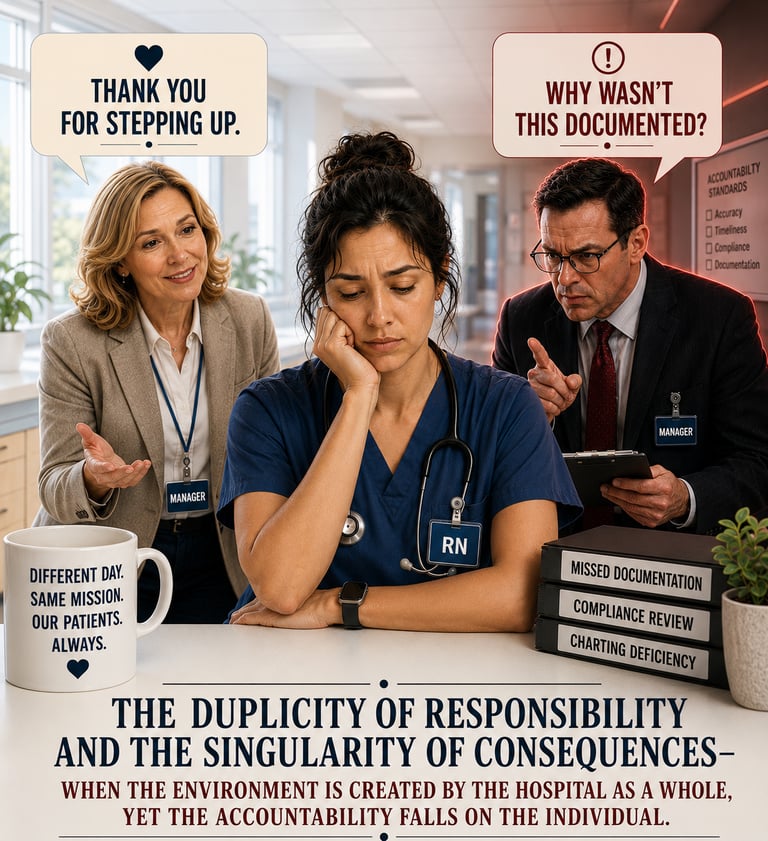 Nurse between praise and criticism representing short staffing, accountability, and healthcare workplace challenges