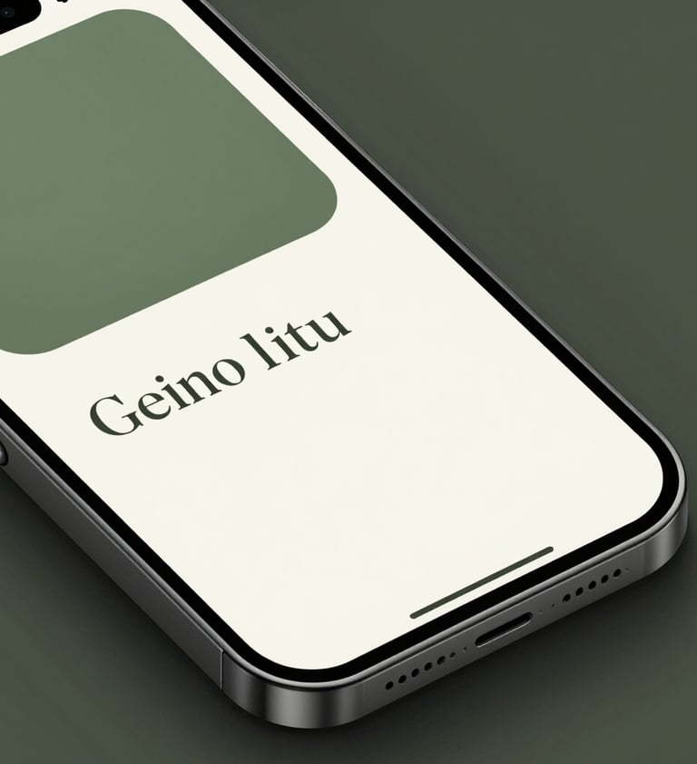 Detail shot of a sleek mobile app interface displayed on a modern smartphone. The UI design uses muted olive green and off-white tones. Minimalist layout with elegant typography. Studio lighting with subtle green reflections.