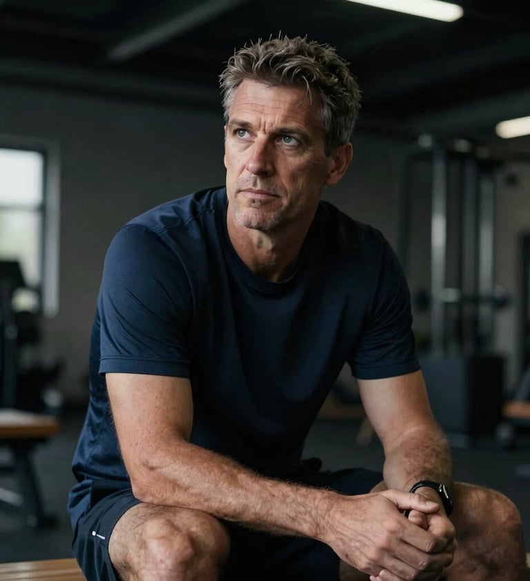 A low-key, premium editorial portrait of a coach sitting on a bench in a dark training facility. He is looking off-camera with a contemplative expression. Dutch architectural details visible in the soft-focus background.