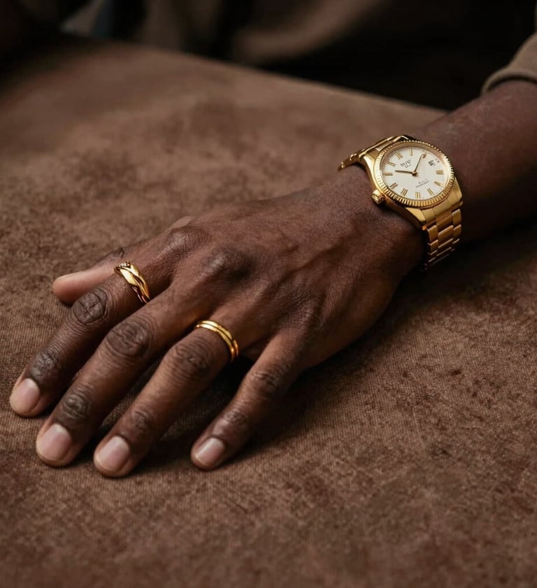 A close-up, high-fashion shot of P.E.P YLS's hands adorned with intricate gold rings and a luxury watch, resting on a textured #8D765D brown fabric. The lighting is cinematic and focused, highlighting the artistic detail and the contrast between the dark skin tones and the golden accessories.