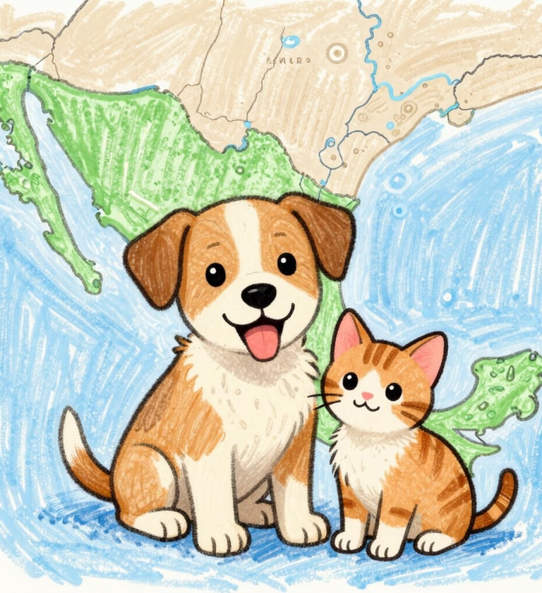 Dibujo a crayón de un lindo cachorro y un gatito sentados frente a un mapa verde de México.