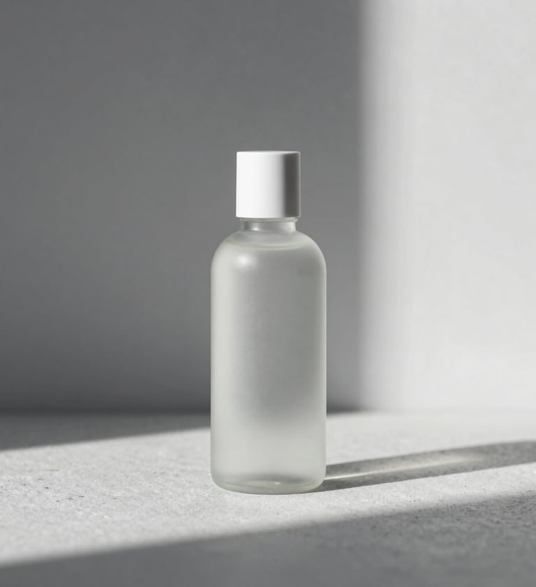 Minimalist high-end creative product photography. A sleek glass bottle on a light gray stone surface. Architectural shadows, natural soft lighting. Palette of #F8F5F2 and #D8D8D8.