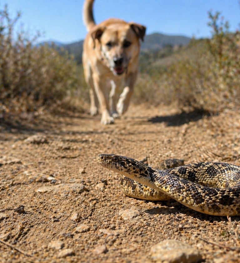 Dog approaching rattlesnake. 