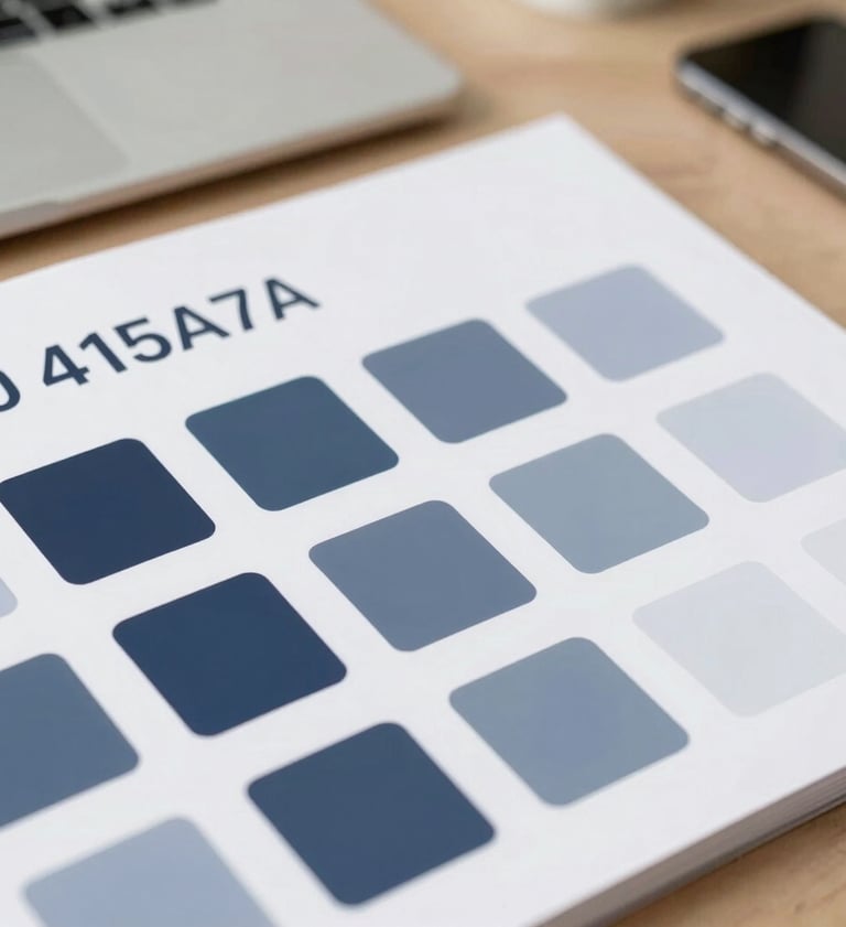 A close-up of a brand identity style guide on a desk. The document features color swatches in #0D1B2A and #415A77. Sophisticated studio lighting, clean and modern aesthetic.