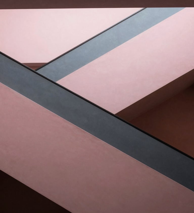 An interior architectural shot of a staircase in a modern US building. The railing creates a series of diagonal lines that divide the frame into geometric segments. The palette includes soft pink and charcoal gray tones, emphasizing a minimalist and artistic mood.
