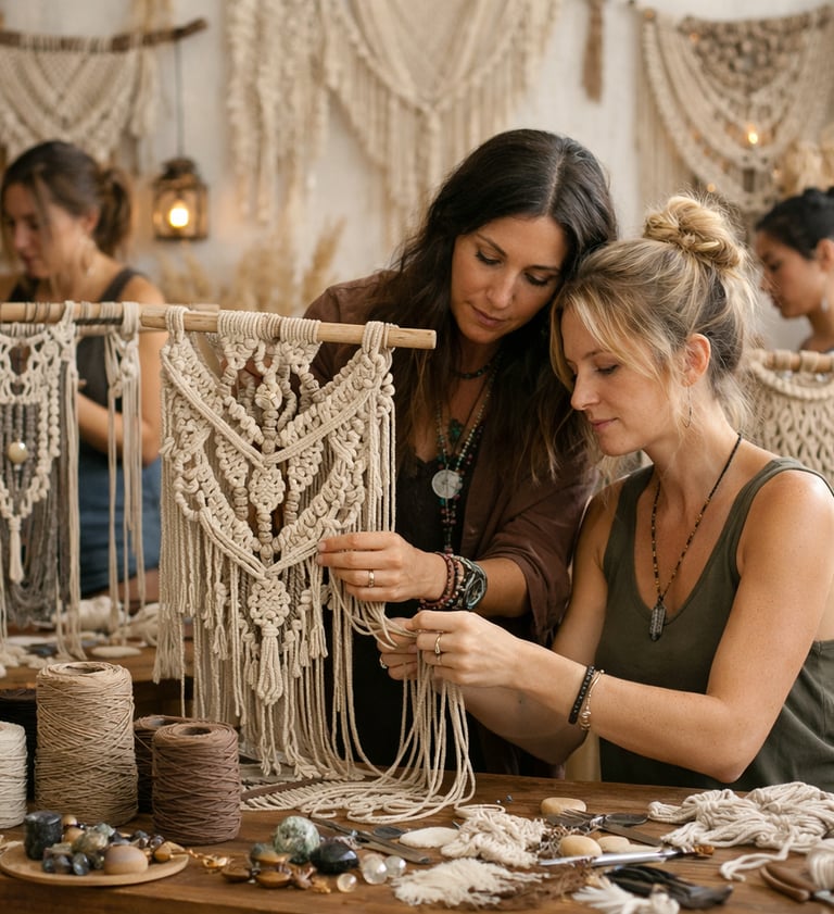 Clase avanzada de macramé en Ciudad de México enfocada en joyería artesanal con acabado profesional y materiales naturales.