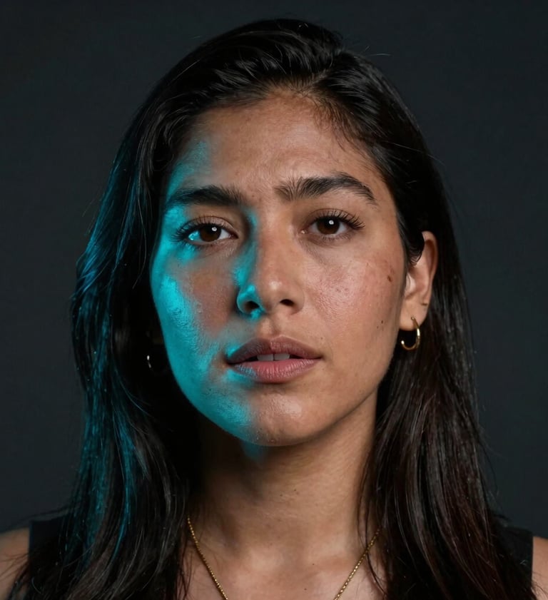 A close-up portrait of a South American / Colombian singer in a dark studio, illuminated by a soft neon cyan light on one side. Emotional expression, cinematic urban style.