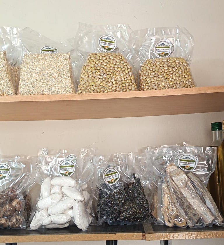 a shelf with some food items on it