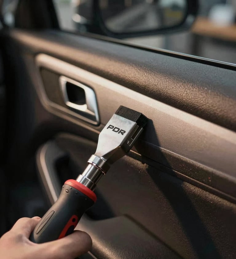 Macro shot of a specialized PDR tool gently massaging the interior of a car door panel, high-end professional workshop setting with soft golden lighting and navy shadows.