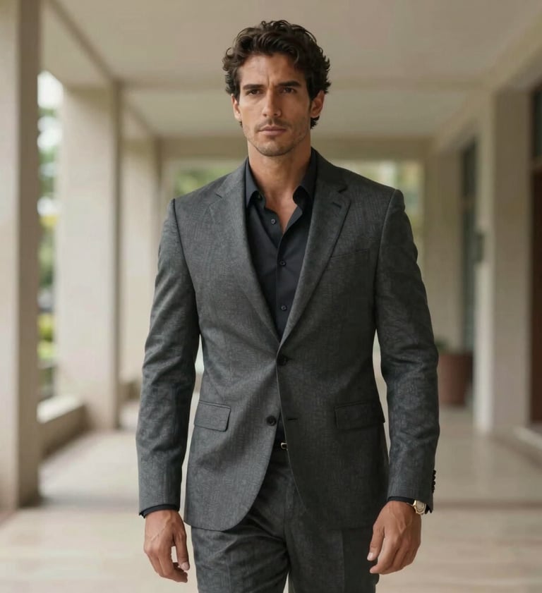 A charismatic man with a professional model pose, wearing a charcoal gray suit, standing in a high-end Brazilian architectural setting, soft natural lighting, sophisticated mood.