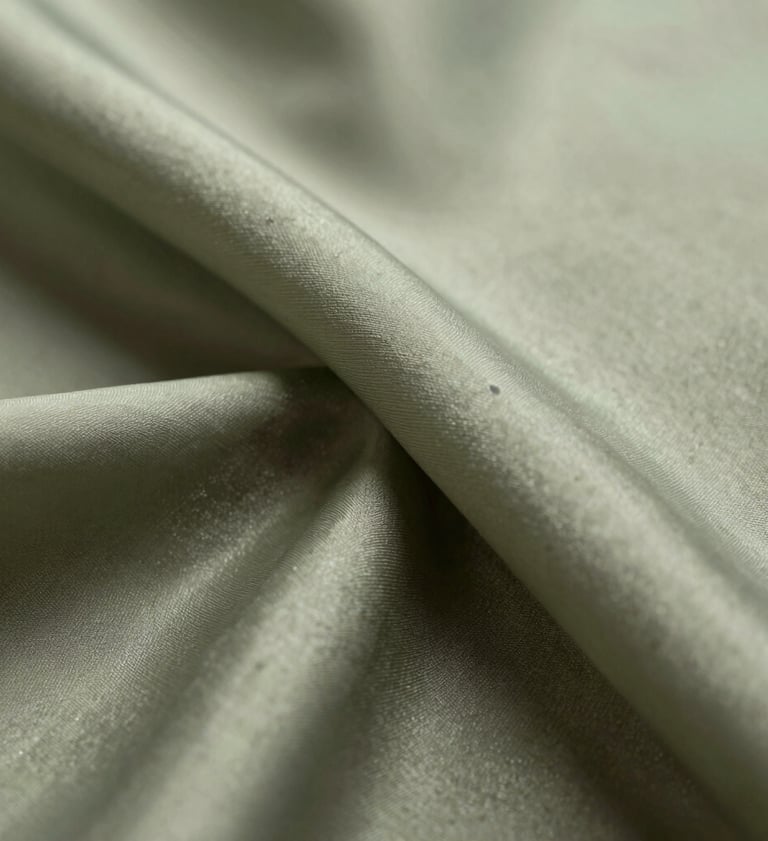 A macro photograph focusing on the intersection of two silk layers. The light passes through the muted olive and pale sage fibers, creating a biological, membrane-like appearance with a soft, ethereal glow.