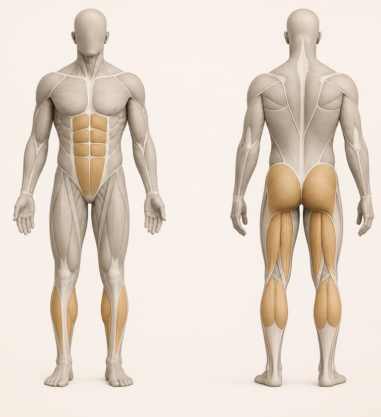 Diagramme anatomique minimaliste du corps humain ciblant l'arrière des jambes lors d'un Leg Curl.