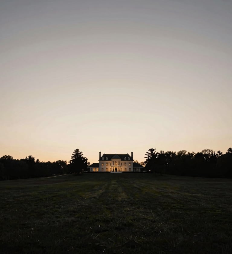 A wide-angle landscape photograph of a North American / European countryside estate at dusk. The sky is a gradient of warm grey and off-white. In the distance, the silhouettes of the manor are dark charcoal. The overall feel is one of timeless elegance and minimalist luxury.
