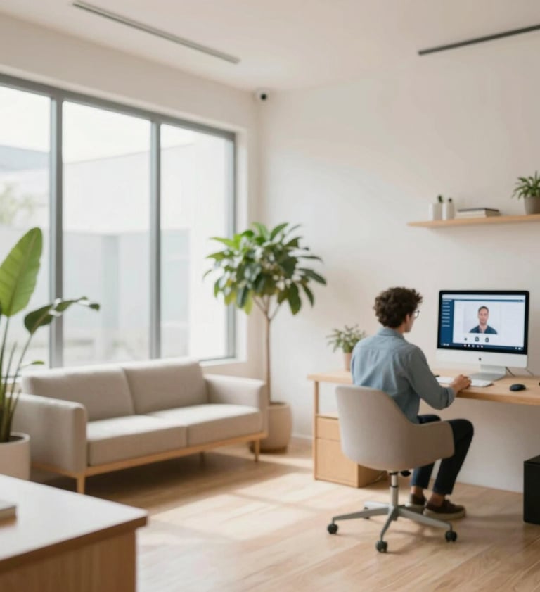 Interior de una oficina de agencia de casting moderna y acogedora con estilo escandinavo. Muebles de madera clara, grandes ventanales con luz natural, plantas verdes y una est3tica minimalista. Un agente de talento revisa perfiles en una pantalla de alta tecnolog3a. Paleta de colores #ECF3F4 y detalles en #1A5E63.
