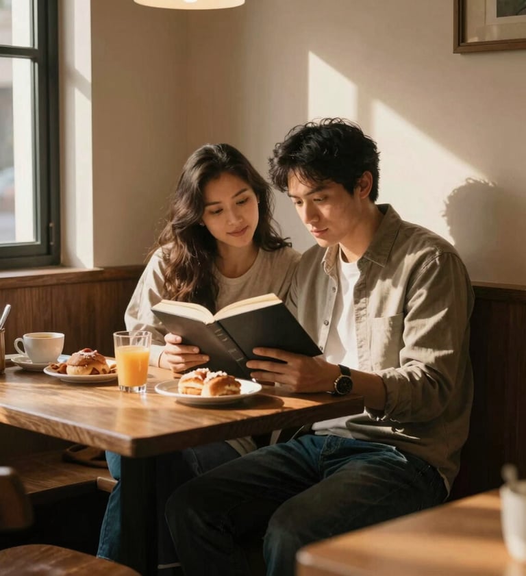 A candid, cinematic shot of a couple reading together in a cozy sun-drenched breakfast nook. The atmosphere is calm and inviting, with warm light and deep shadows highlighting the #8D6B5F wood grain.