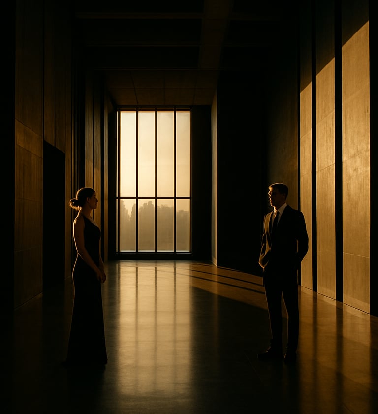 A cinematic wide shot of two people in formal attire standing in a minimalist North American architectural hall, sunset light pouring through tall windows, deep shadows, gold and black color palette.