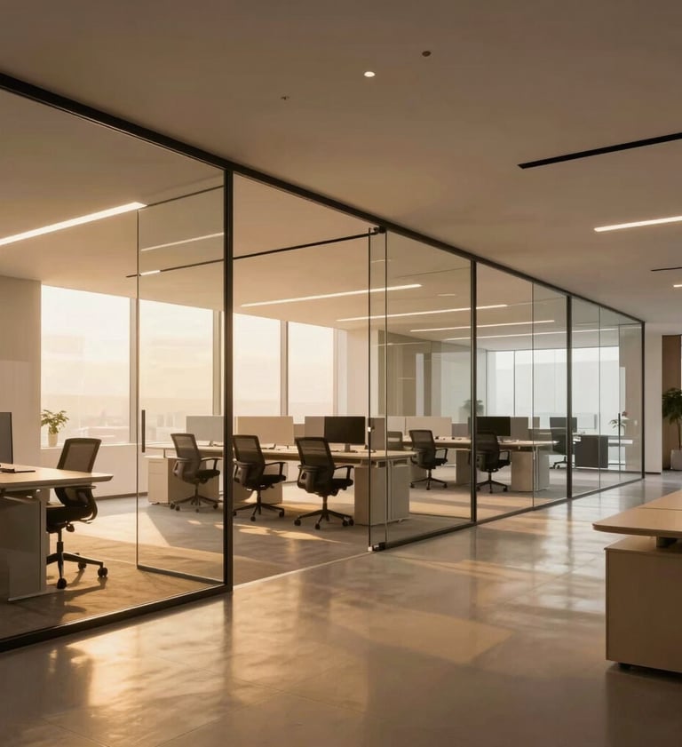 A wide angle of a sleek, virtual office space with glass partitions and minimalist furniture. The lighting is elegant with warm golden tones reflecting off polished surfaces. Global / Western.
