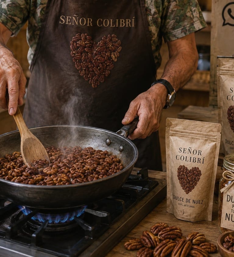 Cocinando nueces pecanas artesanalmente en una sartén para los bocadillos Sr Colibrí Dulce de Nuez