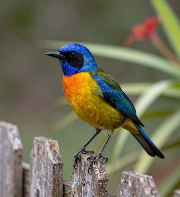 A candid shot of a colorful bird native to South Africa perched on a rustic wooden fence, blurred garden background, professional artistry style, vibrant natural colors.
