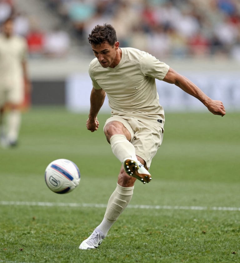A mid-action shot of a football player mid-kick, muscles tensed, ball in motion with a slight blur. Professional lighting, vibrant yet natural, incorporating the brand's earthy tones #8C847E in the grass and #F2F1ED in the kit.