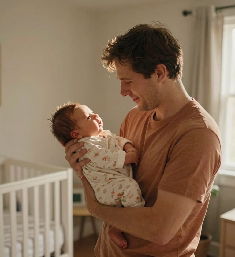 Intimate lifestyle photography of parents holding their newborn in a sun-lit nursery in a North American / US home. Warm, Soft Sand and Terracotta tones, cinematic lighting, and authentic emotion.