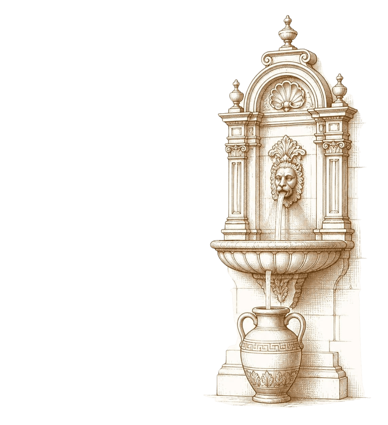 Ilustração clássica em tom de cobre de uma fonte romana com água a correr para uma ânfora, simboliza