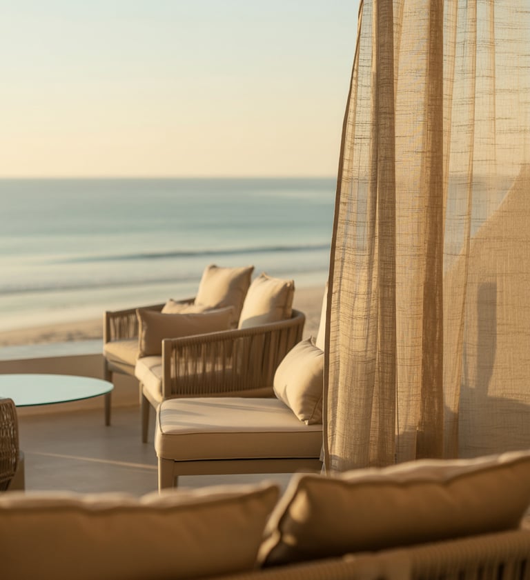 a couch with a table and chairs in front of a beach