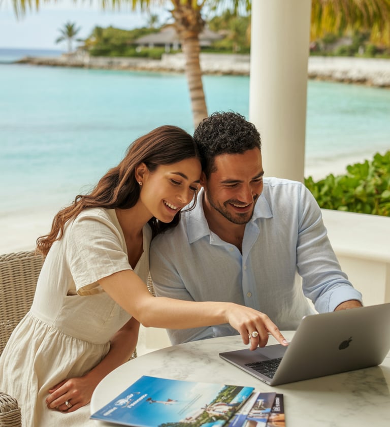 A happy couple plans their tropical vacation on a laptop at a luxury beach resort with ocean views.