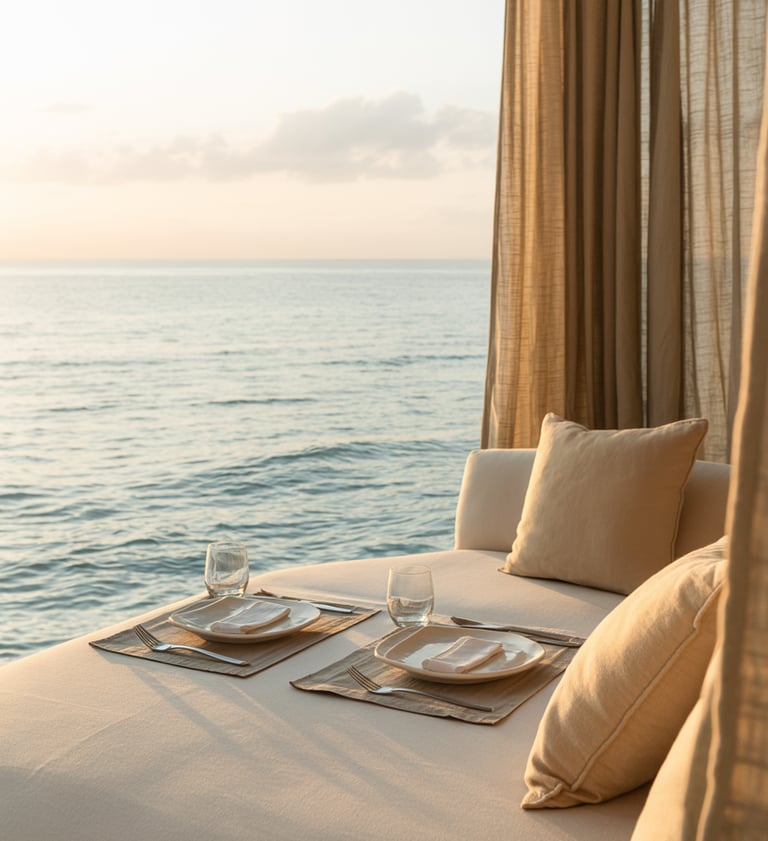 a bed with a couch and a table with plates