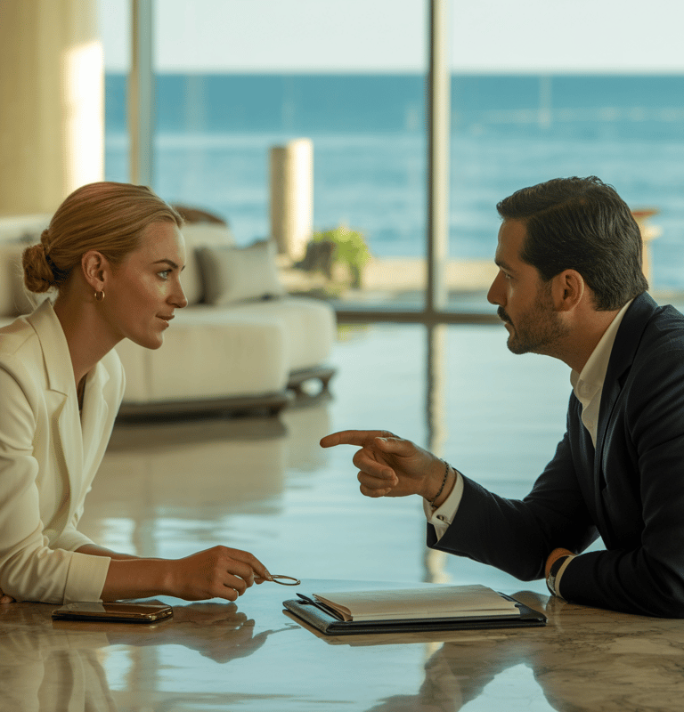 Professional man and woman in business attire discussing a contract at a luxury oceanfront resort lounge.