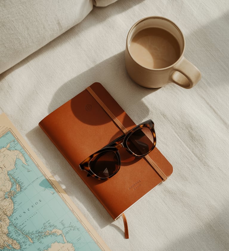 a book with a map and a cup of coffee