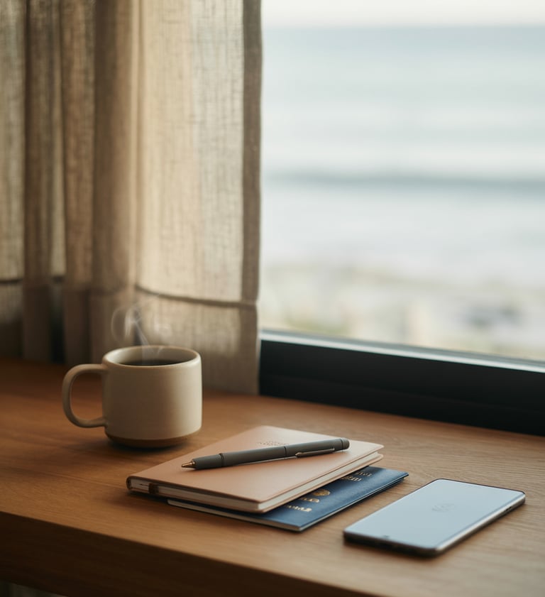 a cup of coffee and a notebook on a table