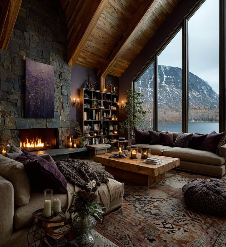 Cozy living room with a stone fireplace, purple accents, and a view of snowy mountains