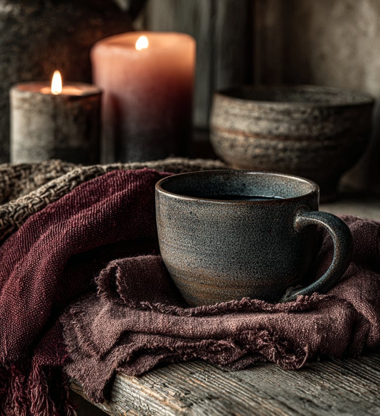 Cozy scene with a rustic ceramic mug on maroon and brown cloth, surrounded by lit candles