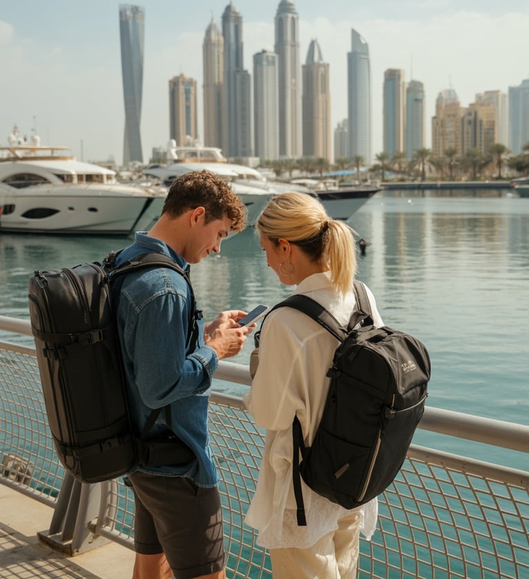 Couple with backpacks at Dubai Marina, checking travel plans on phone with yachts and skyline in background.