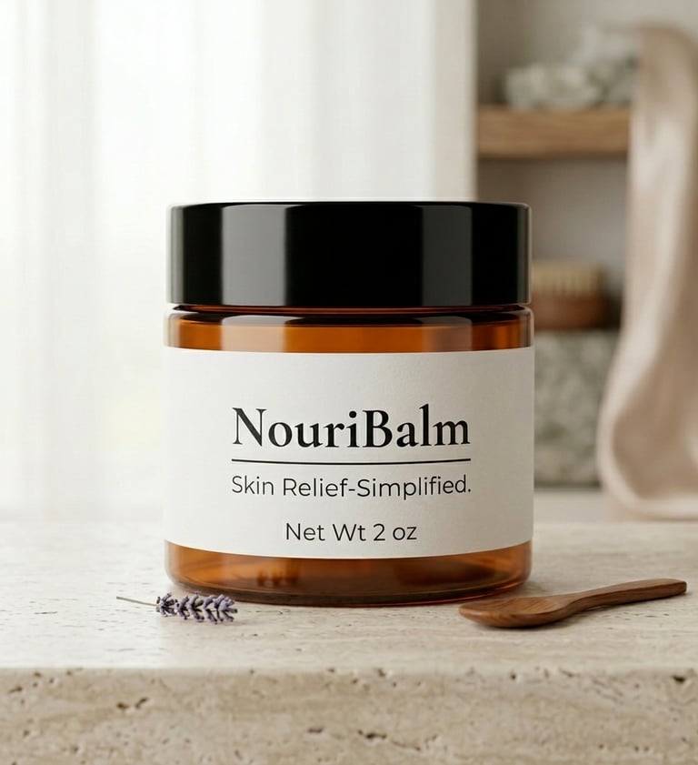 NouriBalm clean skin relief balm in an amber jar with lavender on a stone surface.