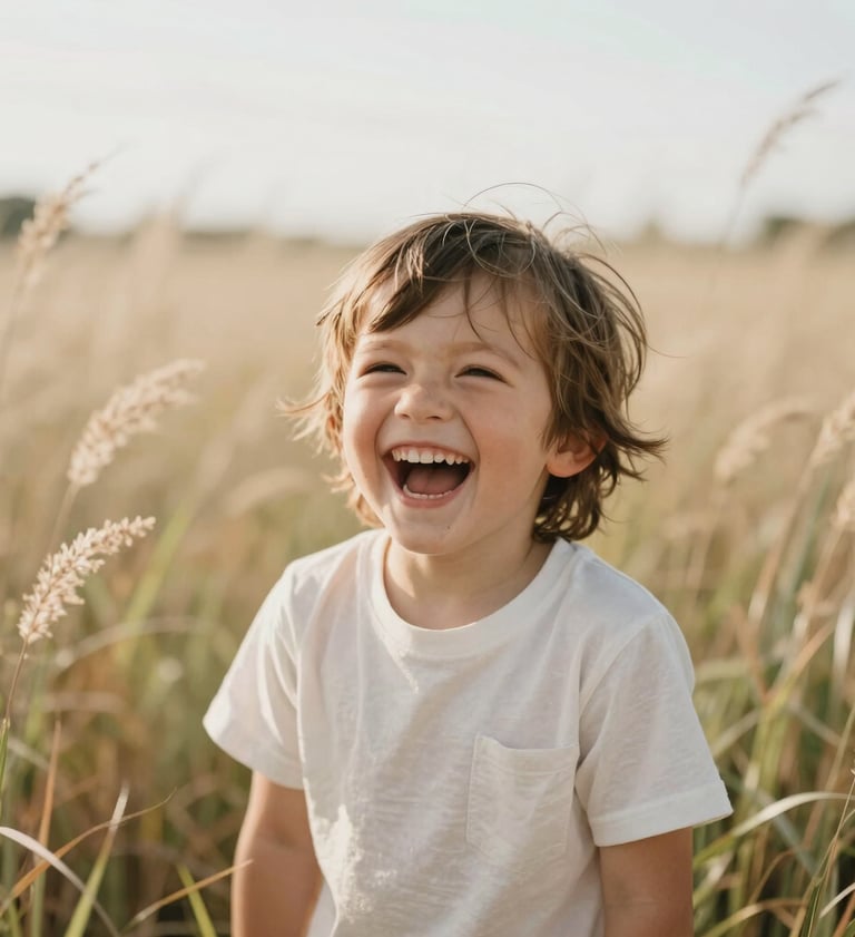 A photography shot of a child laughing in a field of tall grass in West Michigan, captured with a shallow depth of field. The light is bright and airy, reflecting a joyful and genuine emotion. The color palette features soft creams and natural browns.