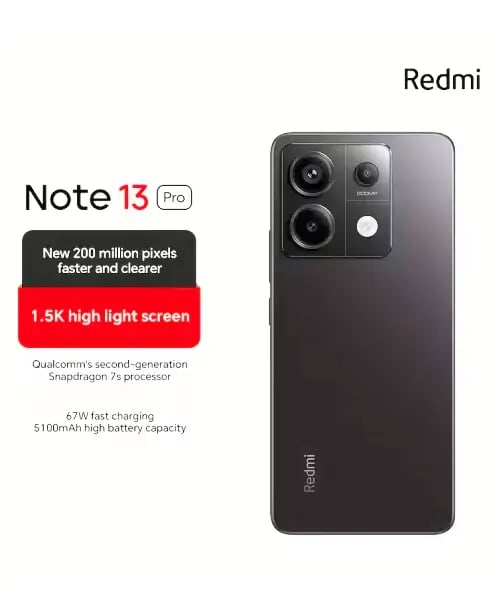 Redmi Note 13 Pro 5G smartphone featuring 64GB storage, 6GB RAM, and a 6.7-inch 120Hz display.  