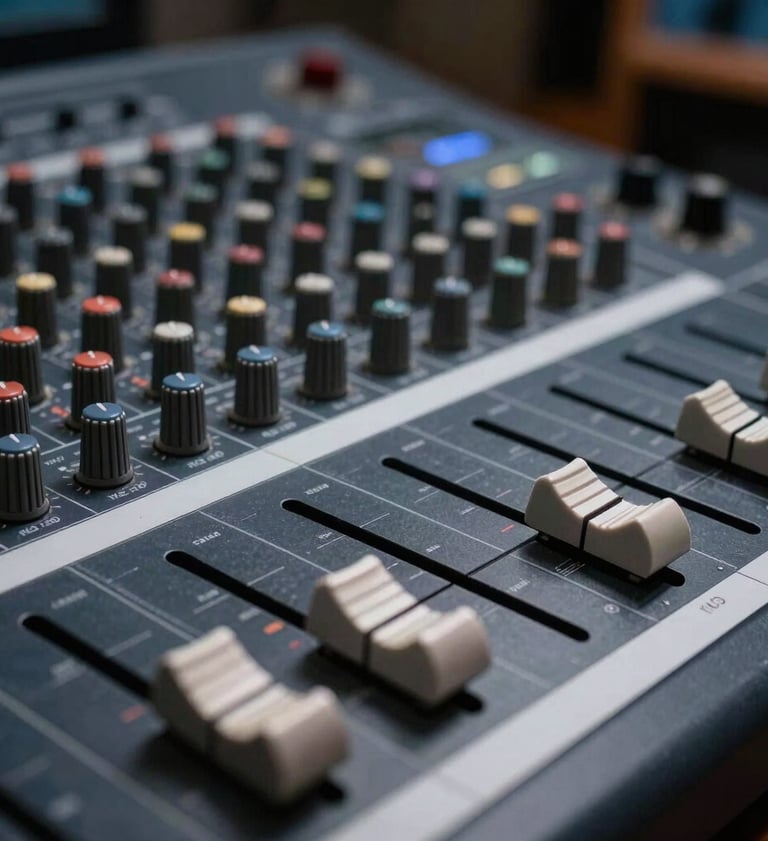 Close-up of professional audio mixer faders in a sleek, modern recording studio. Soft lighting highlights the metallic textures. Mood of technical precision and professional excellence, featuring dark navy and blue gray tones. Southern European / Spanish setting.